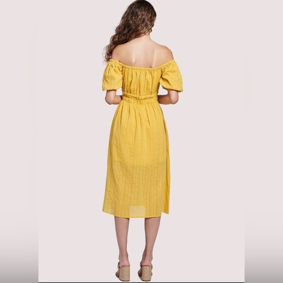 Lost + Wander Textured Midi Dress Yellow off Shoulder Puff Sleeve XS S M - Picture 4 of 11